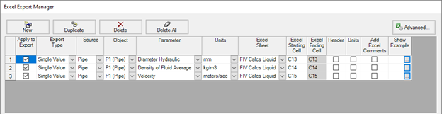 Screen shot of the Excel Export Manager window with incompressible fluids